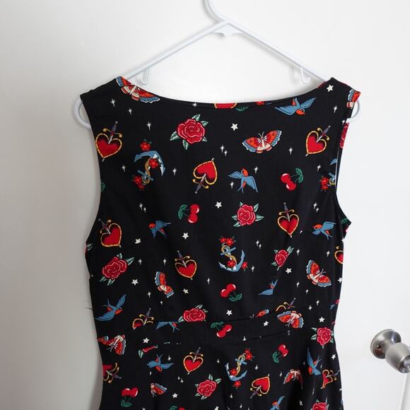 Retro Pin-Up Rockabilly Black Printed Fit and Flare Sleeveless XL Dress Cotton - Picture 3 of 13